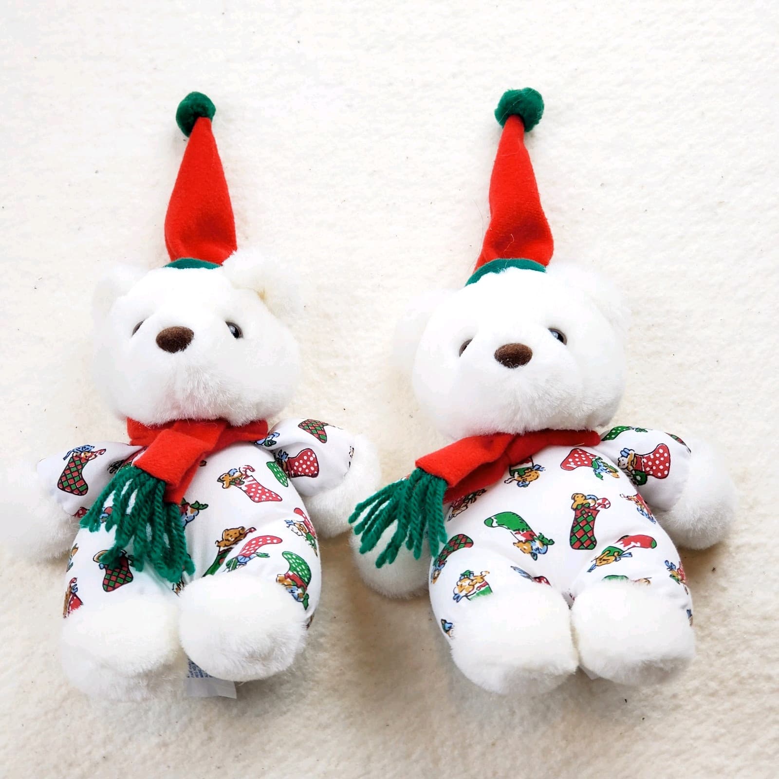 Lot of 2 Vtg Christmas Teddy Bears KIDS of AMERICA Plush White Stuffed Toy Hat - Thumbnail 2