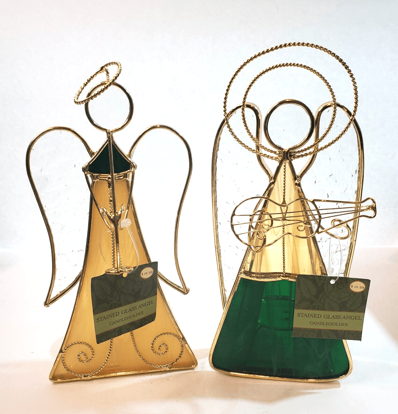 Lot of 2 Stained Glass Angels Playing Instruments Votive Tealight Candle Holders
