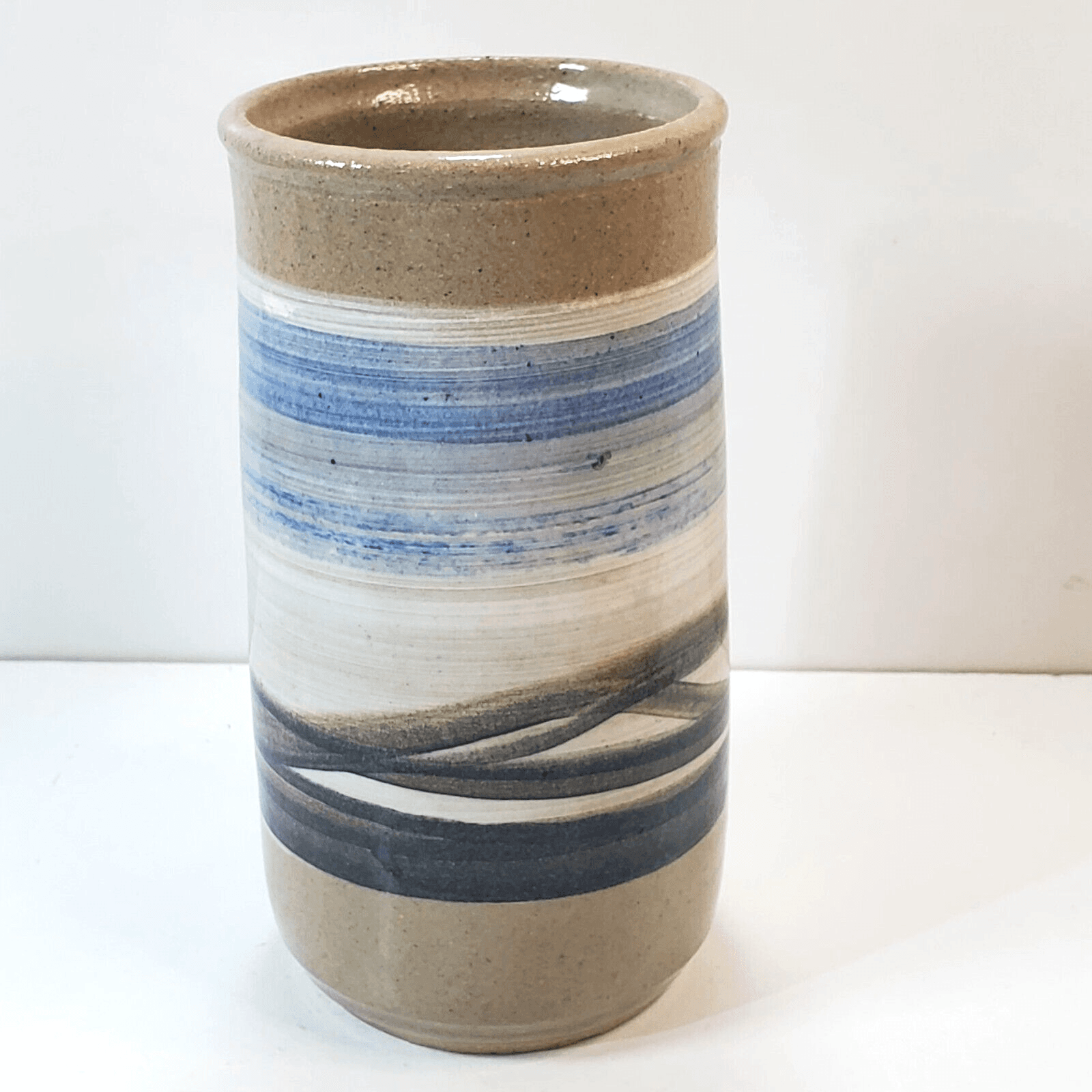 Artist Signed Studio Art Pottery Blue Tan White Flower Vase Holder Jar Striped