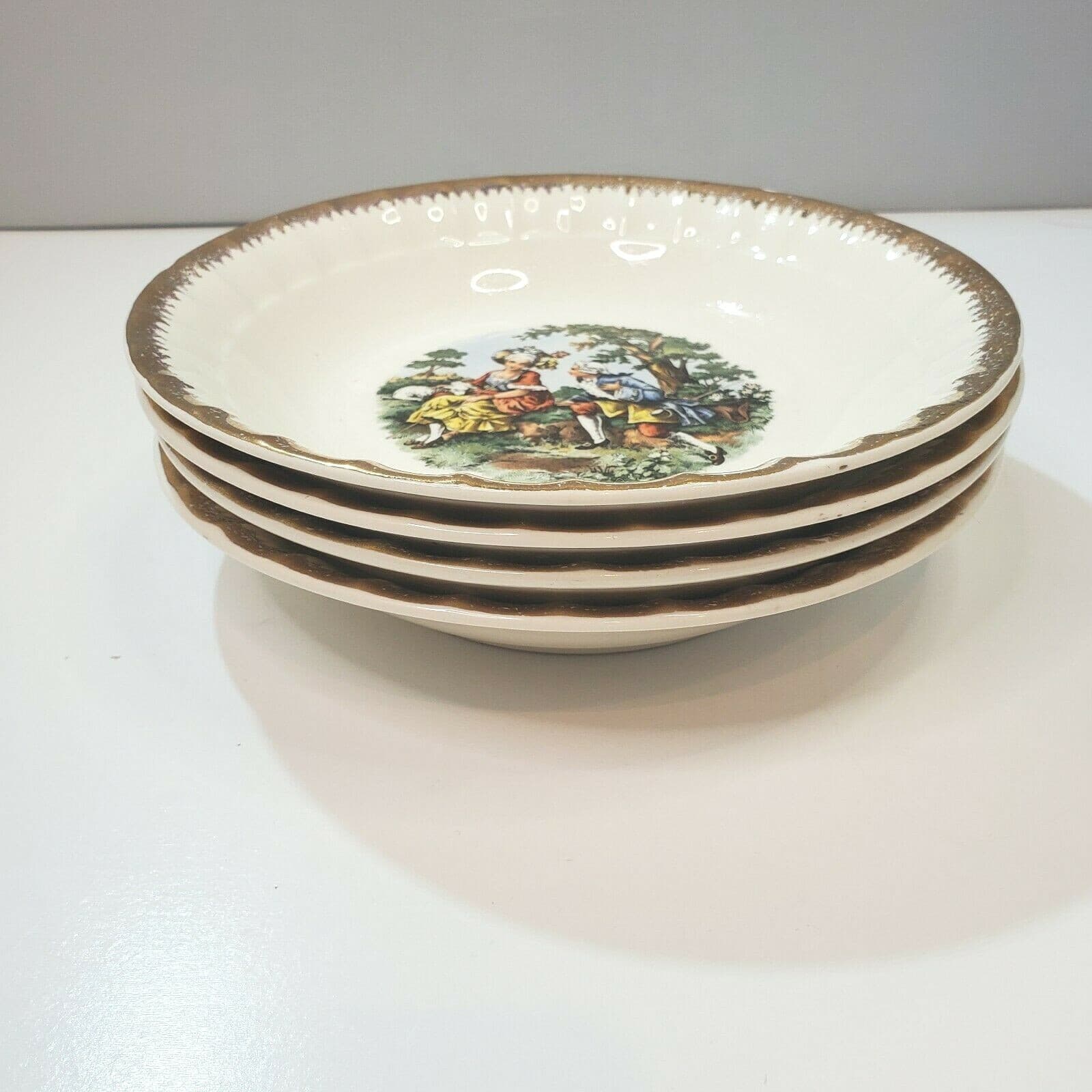 Vtg Cronin China Company Victorian Colonial Couple People 7.5" Soup Bowls Set 4 - Thumbnail 2
