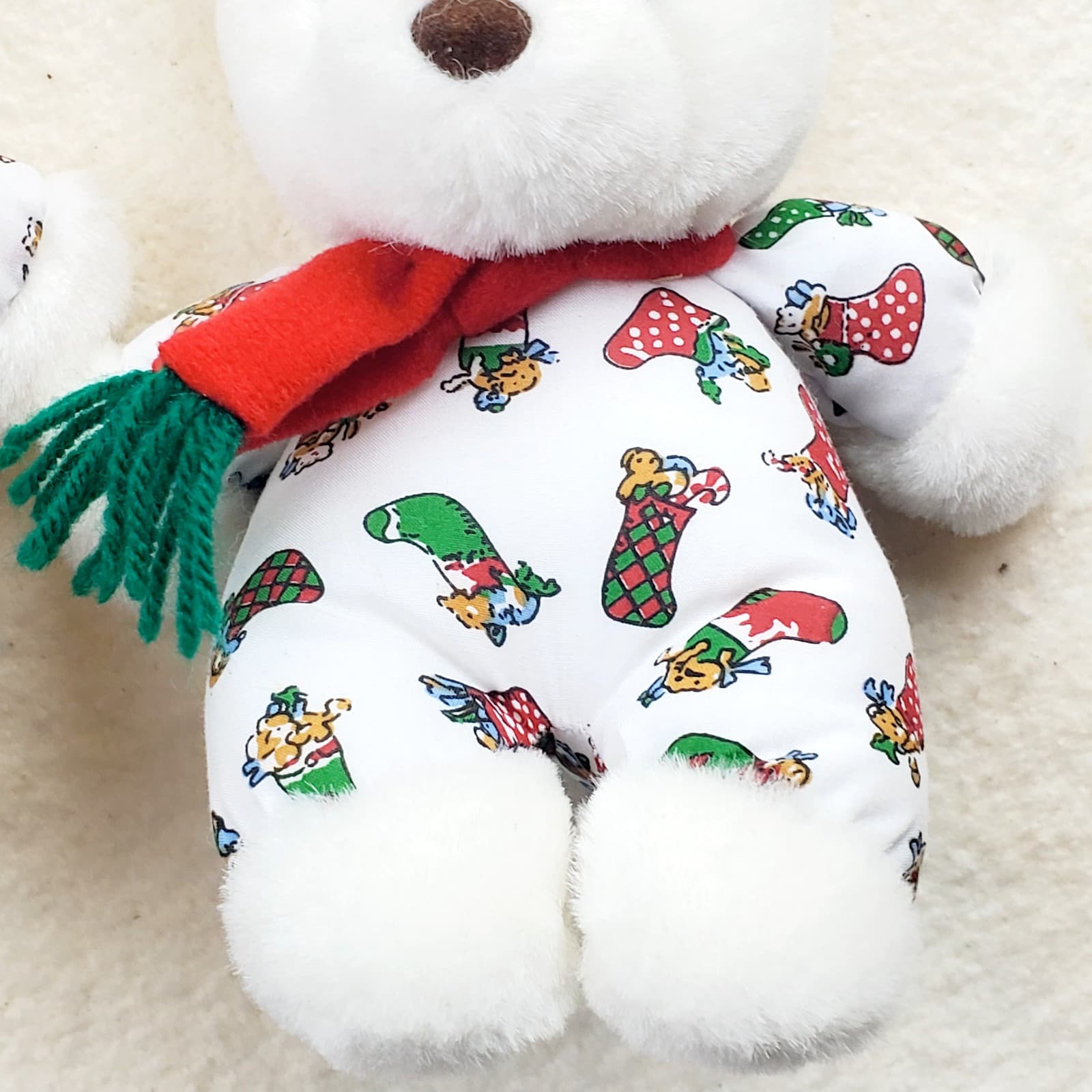 Lot of 2 Vtg Christmas Teddy Bears KIDS of AMERICA Plush White Stuffed Toy Hat - Thumbnail 5