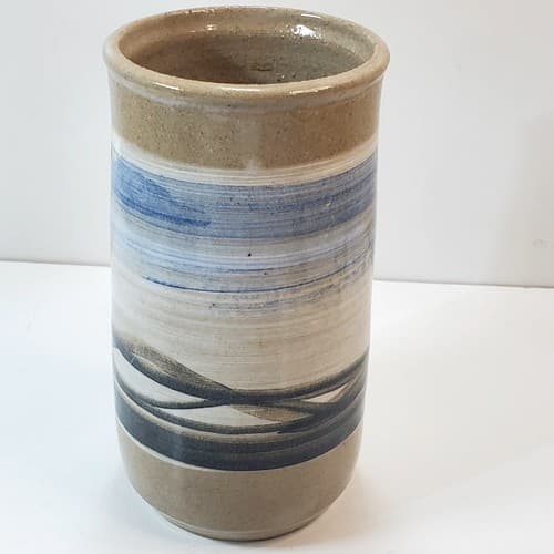 Artist Signed Studio Art Pottery Blue Tan White Flower Vase Holder Jar Striped - Thumbnail 7