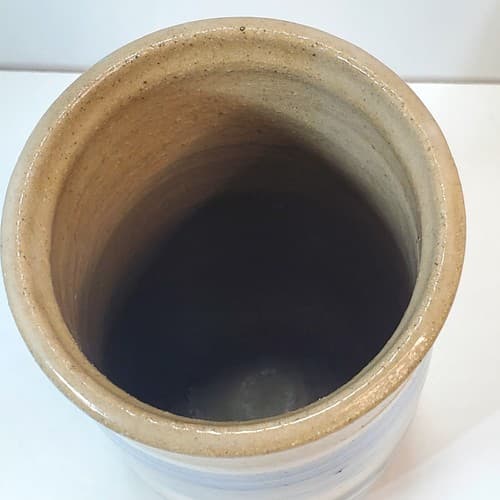 Artist Signed Studio Art Pottery Blue Tan White Flower Vase Holder Jar Striped - Thumbnail 2