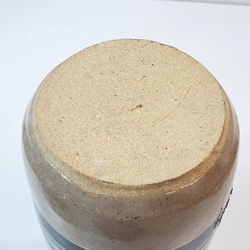 Artist Signed Studio Art Pottery Blue Tan White Flower Vase Holder Jar Striped - Thumbnail 8