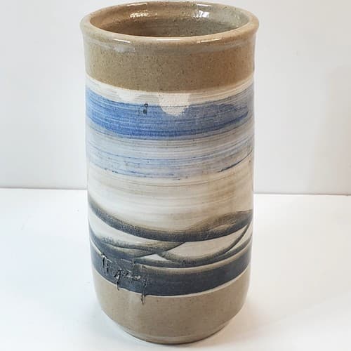 Artist Signed Studio Art Pottery Blue Tan White Flower Vase Holder Jar Striped - Thumbnail 6