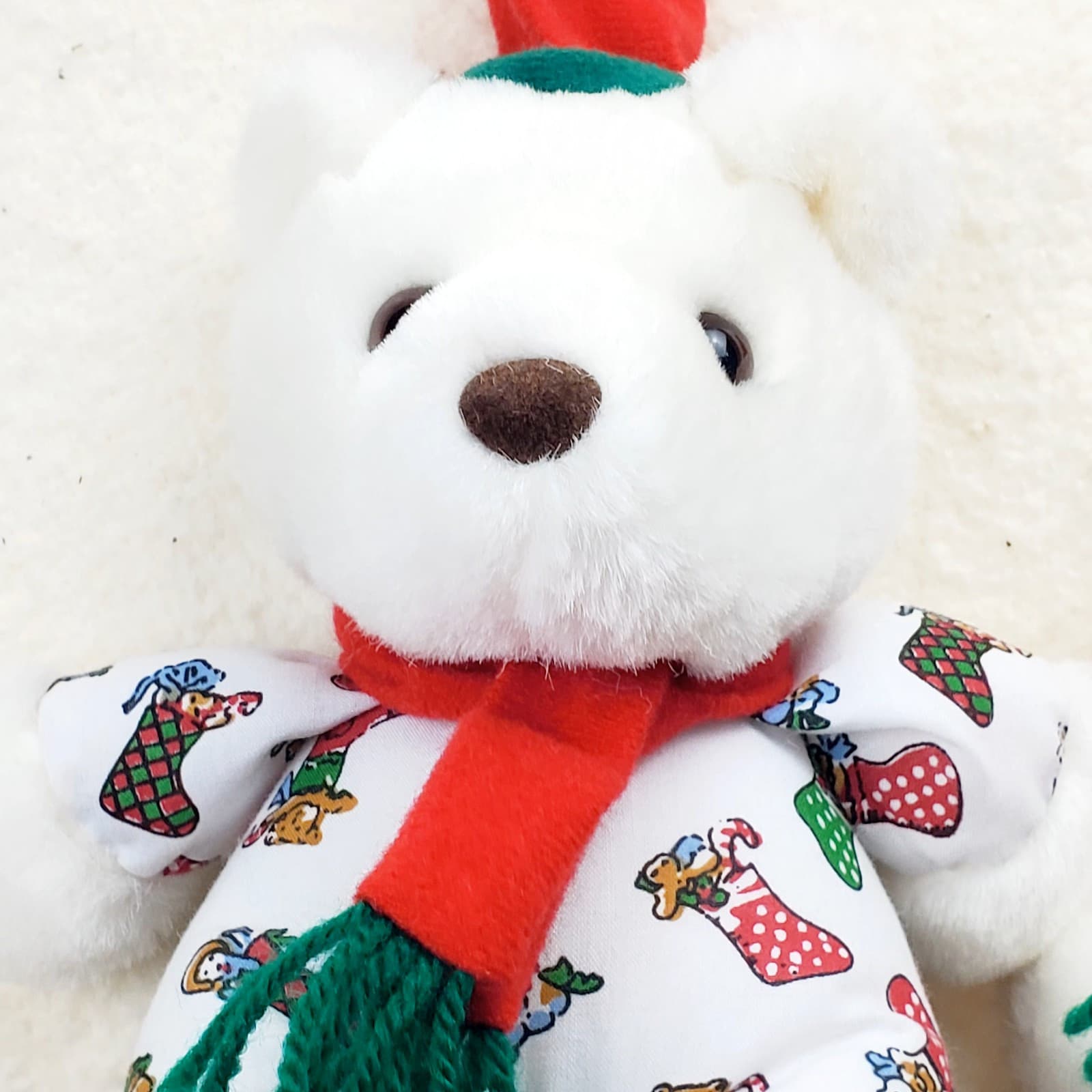 Lot of 2 Vtg Christmas Teddy Bears KIDS of AMERICA Plush White Stuffed Toy Hat - Thumbnail 4