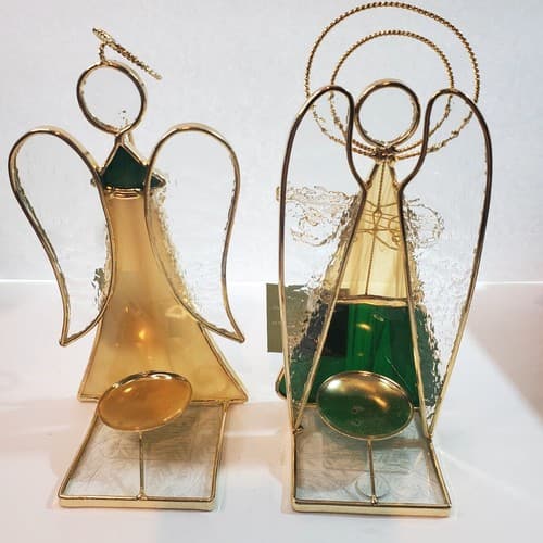 Lot of 2 Stained Glass Angels Playing Instruments Votive Tealight Candle Holders - Thumbnail 4