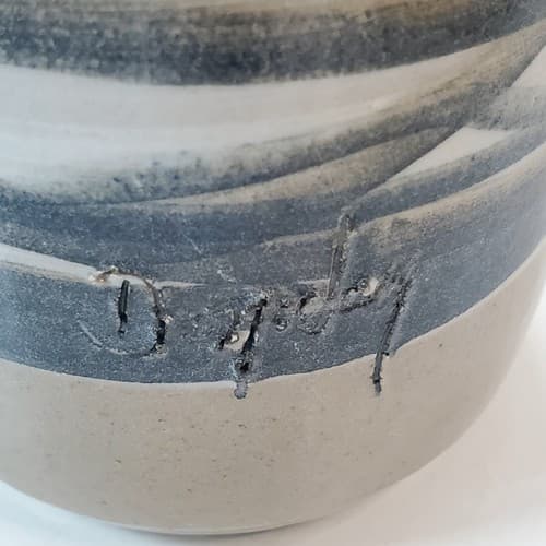 Artist Signed Studio Art Pottery Blue Tan White Flower Vase Holder Jar Striped - Thumbnail 4