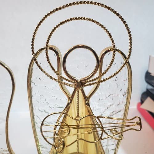 Lot of 2 Stained Glass Angels Playing Instruments Votive Tealight Candle Holders - Thumbnail 2
