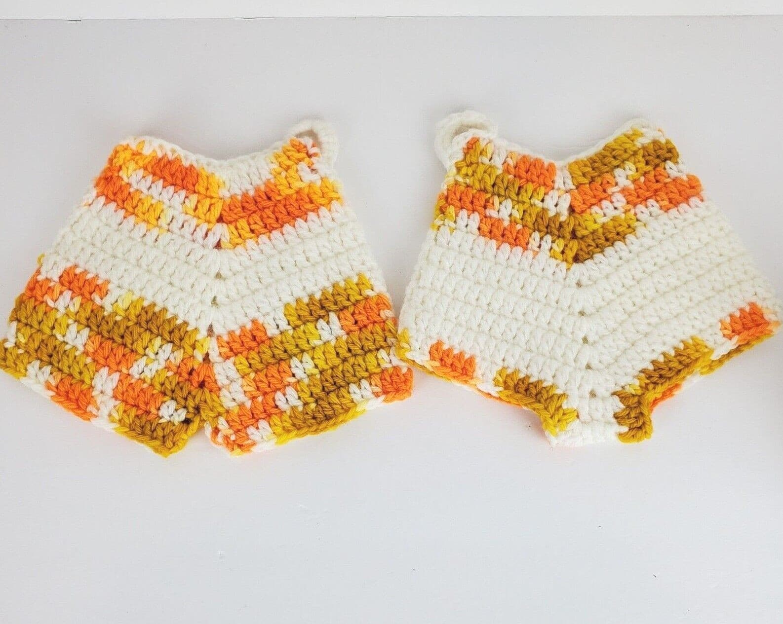 Vtg Pair Crochet Shorts Bloomers Pot Holders Yellow Gold Trivet Hot Pad Kitsch