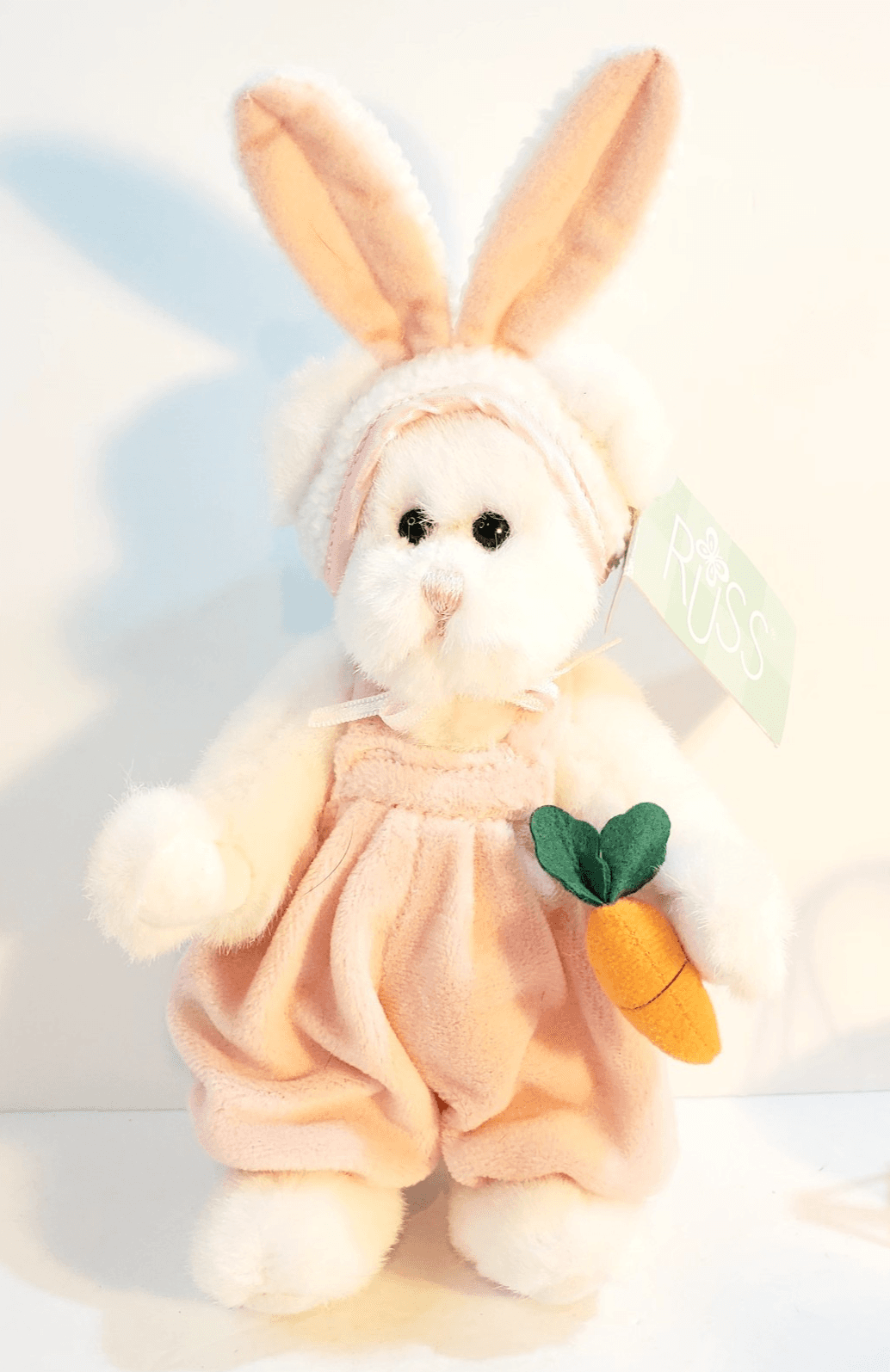 Russ Berrie Babette 9" Tall Plush Bear w/ Bunny Rabbit Ears Carrot Pink White
