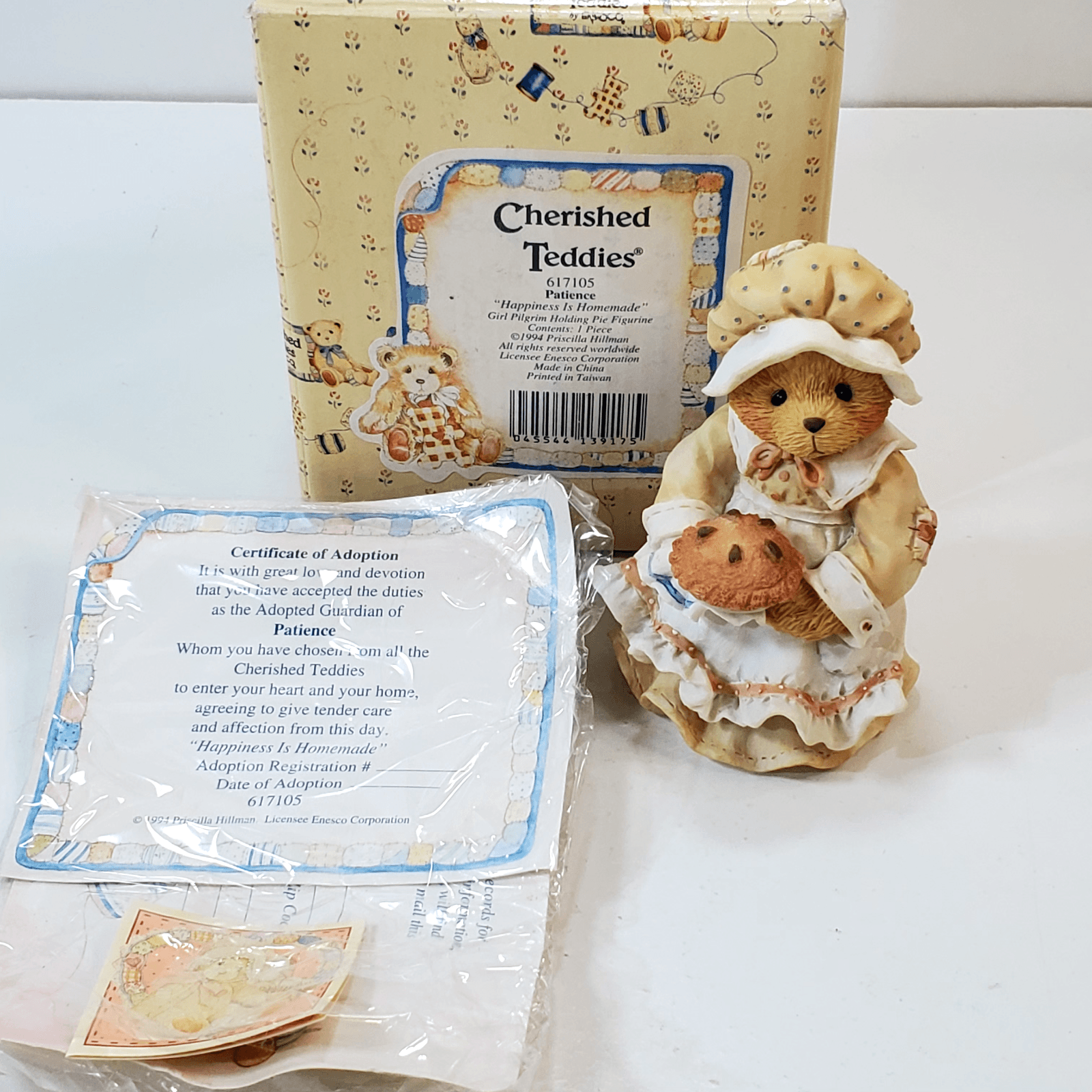 Vintage Cherished Teddies Patience Teddy Bear Figure Happiness Is Homemade 1994
