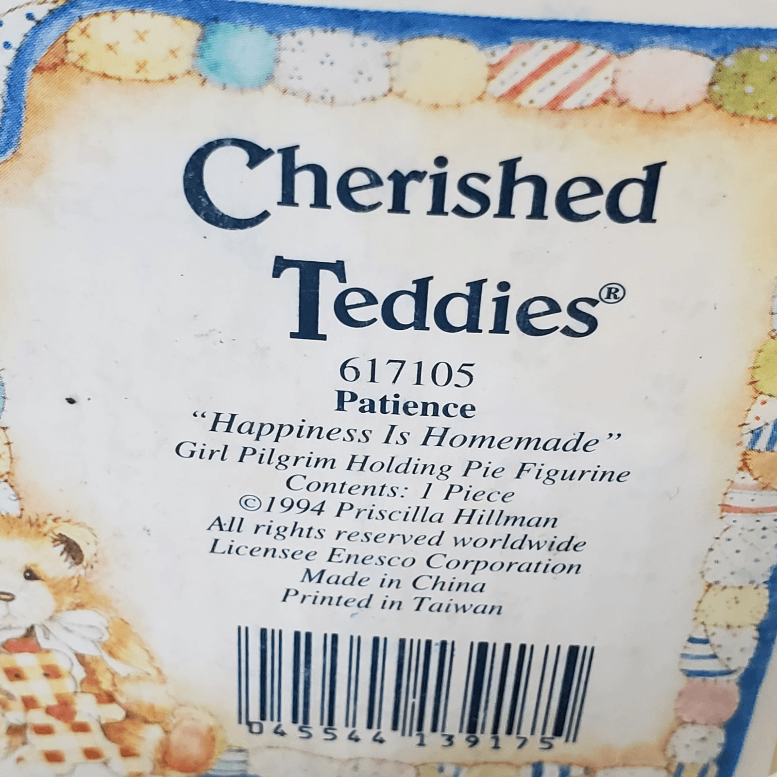 Vintage Cherished Teddies Patience Teddy Bear Figure Happiness Is Homemade 1994 - Thumbnail 4
