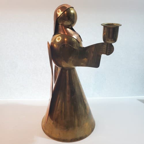 Vintage 9.5" Brass & Copper Metal Christmas Cone Angel Taper Candle Stick Holder - Thumbnail 4