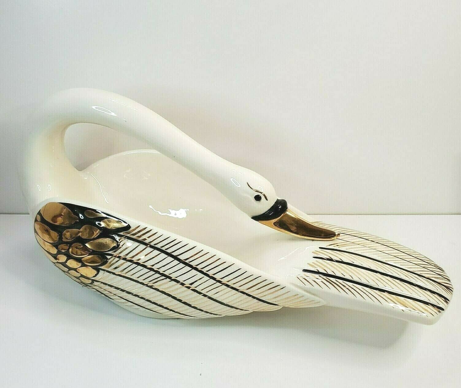 Vtg Lofisa Mexican Pottery White Gold Black Large Swan Centerpiece Bowl Unique