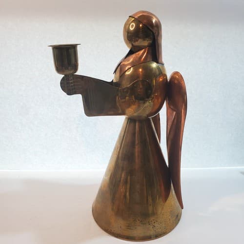 Vintage 9.5" Brass & Copper Metal Christmas Cone Angel Taper Candle Stick Holder - Thumbnail 2