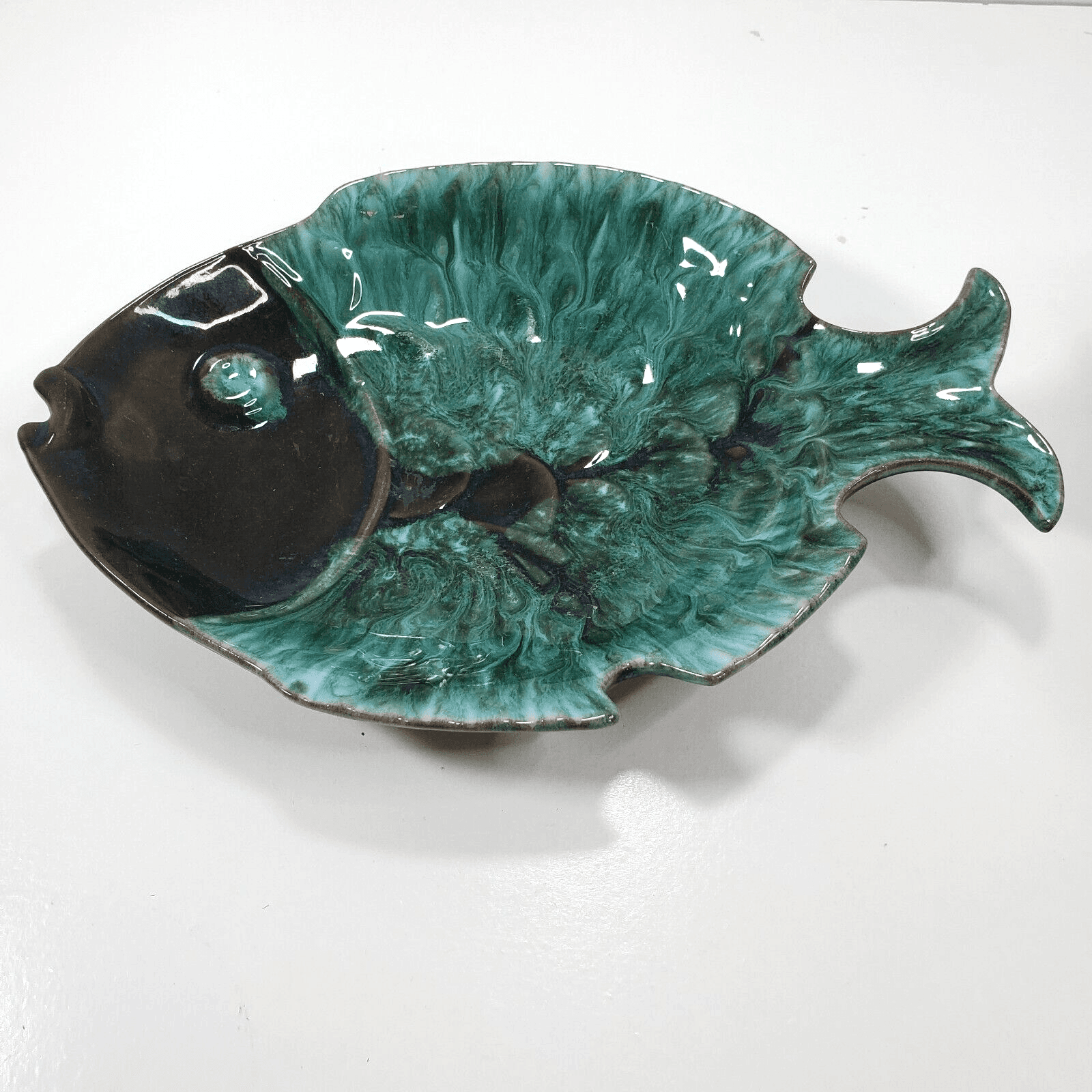 Blue Mountain Pottery Ceramic Art Pottery Fish Plate Bowl Blue Green Black Glaze