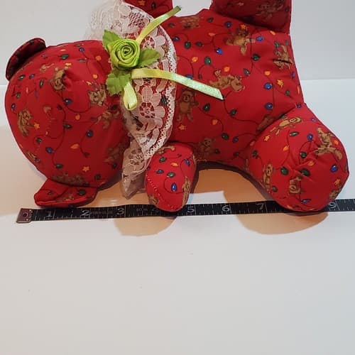 Vtg Christmas Wishes Red Print Teddy Bear Stuffed Animal Plush Farmhouse Decor - Thumbnail 8