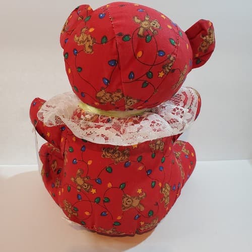 Vtg Christmas Wishes Red Print Teddy Bear Stuffed Animal Plush Farmhouse Decor - Thumbnail 4