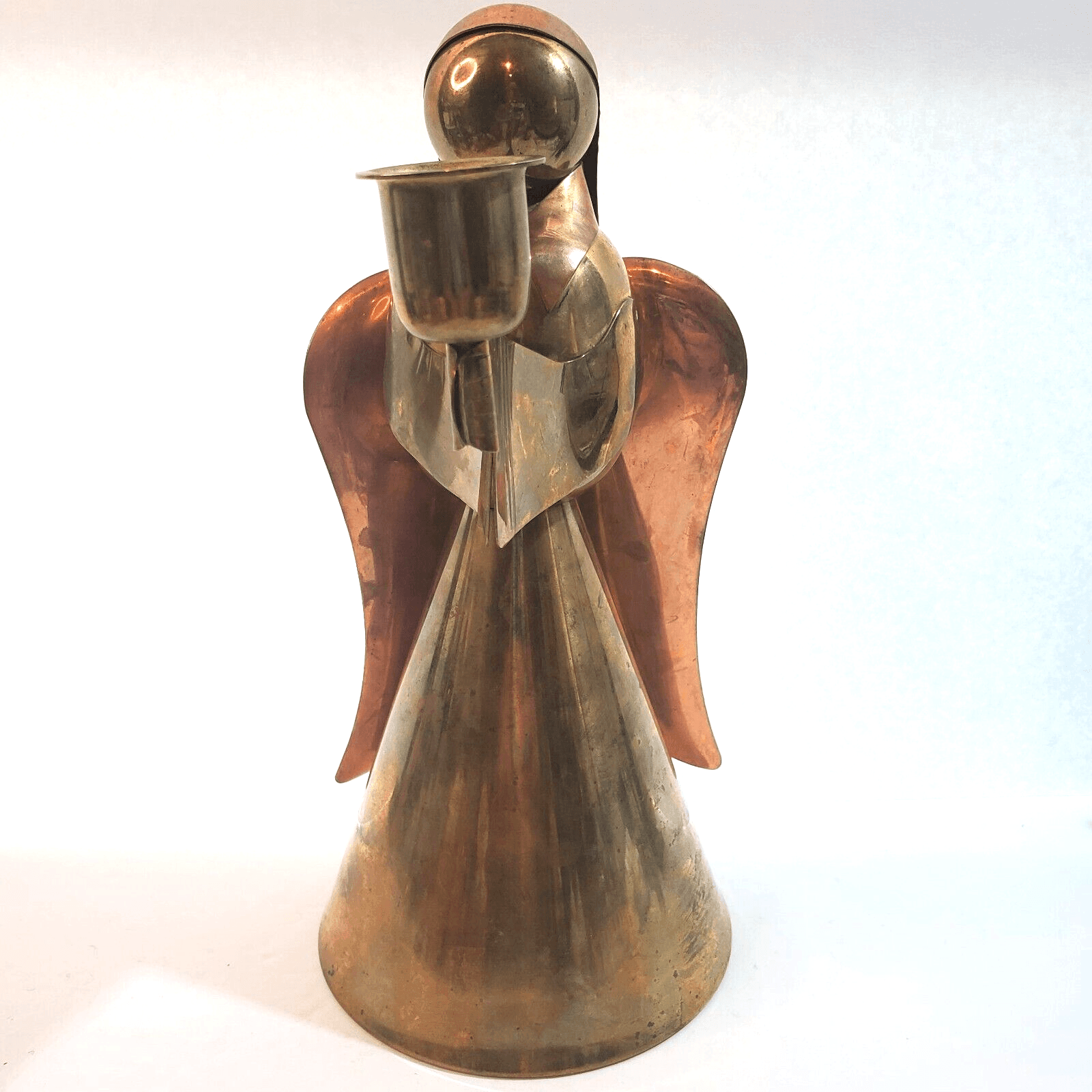 Vintage 9.5" Brass & Copper Metal Christmas Cone Angel Taper Candle Stick Holder
