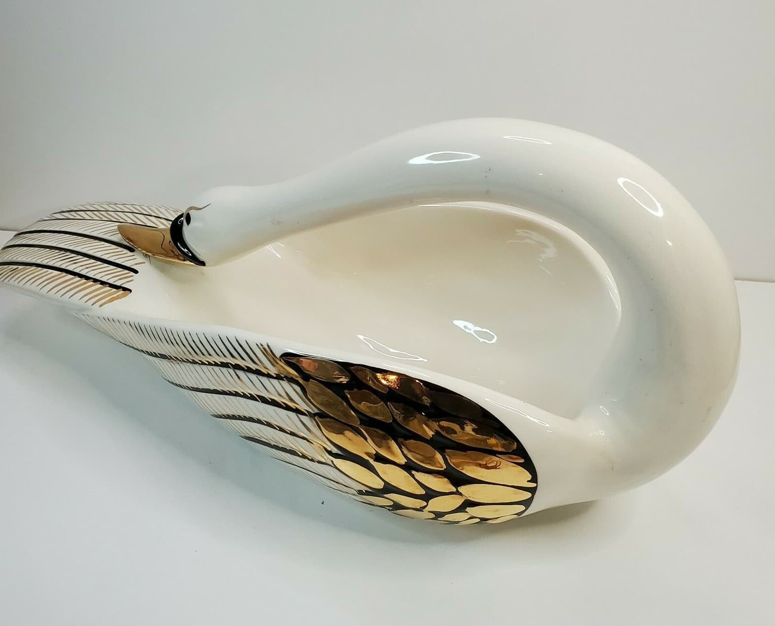 Vtg Lofisa Mexican Pottery White Gold Black Large Swan Centerpiece Bowl Unique - Thumbnail 4