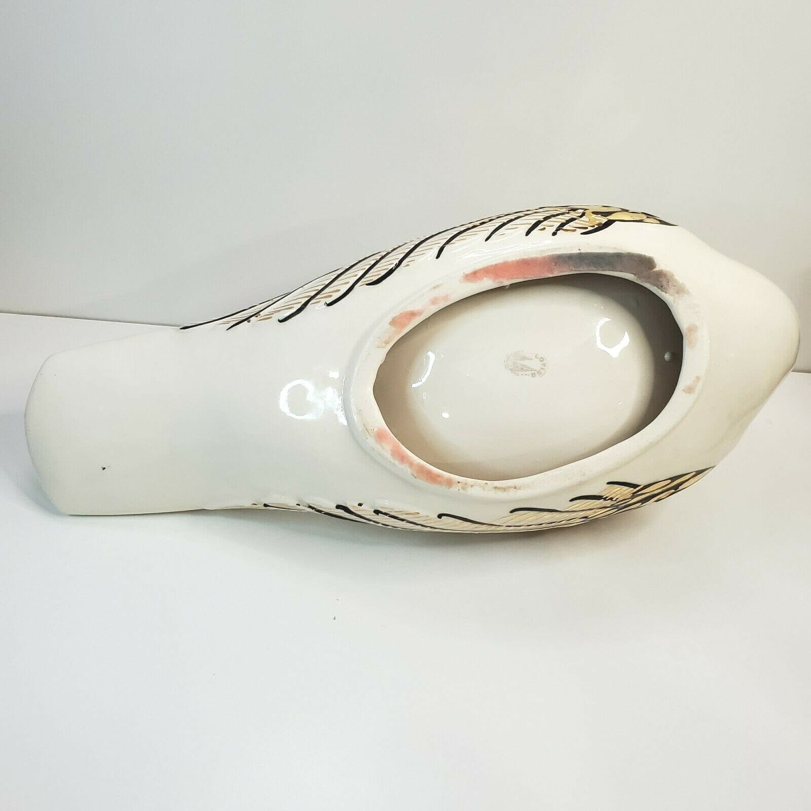 Vtg Lofisa Mexican Pottery White Gold Black Large Swan Centerpiece Bowl Unique - Thumbnail 6