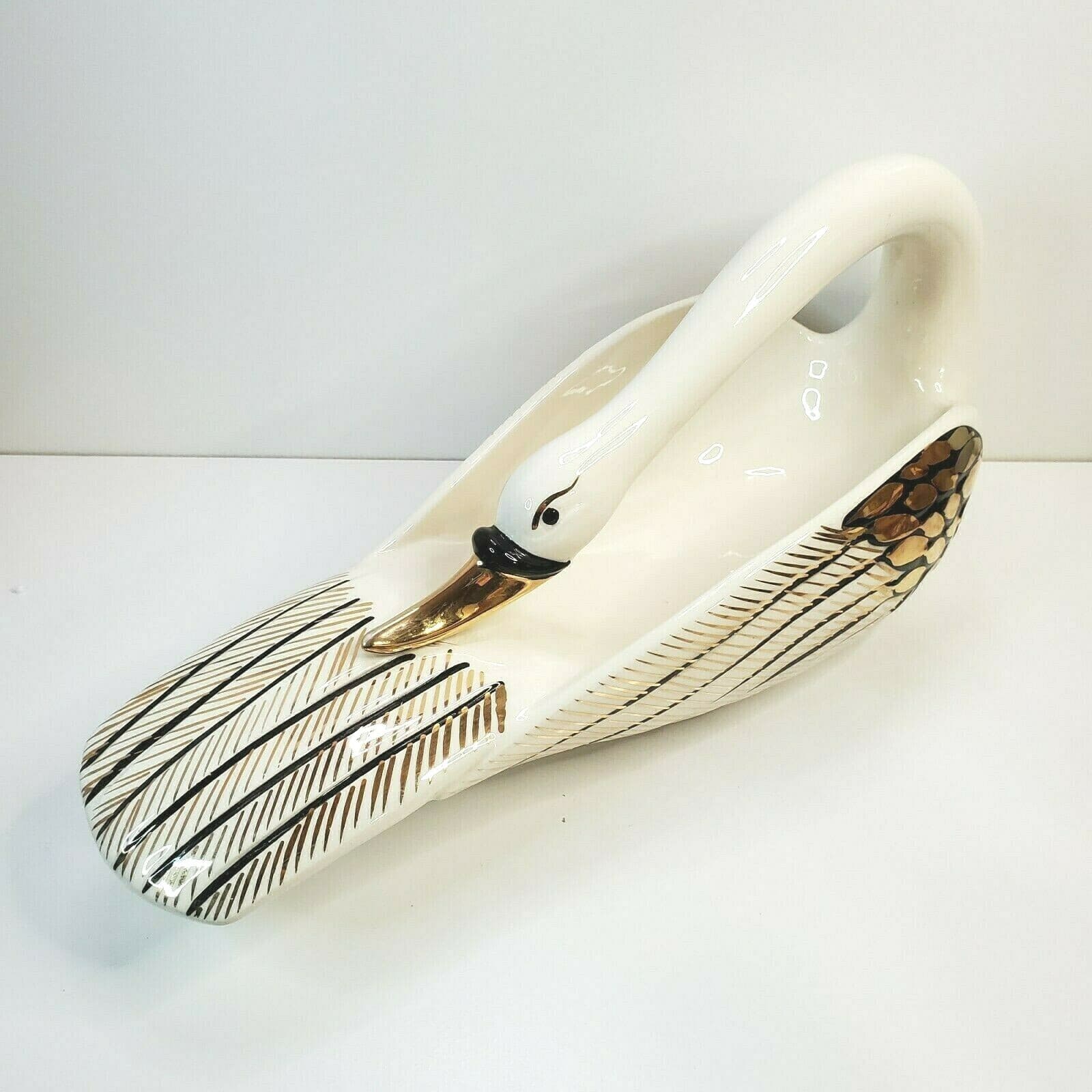 Vtg Lofisa Mexican Pottery White Gold Black Large Swan Centerpiece Bowl Unique - Thumbnail 5
