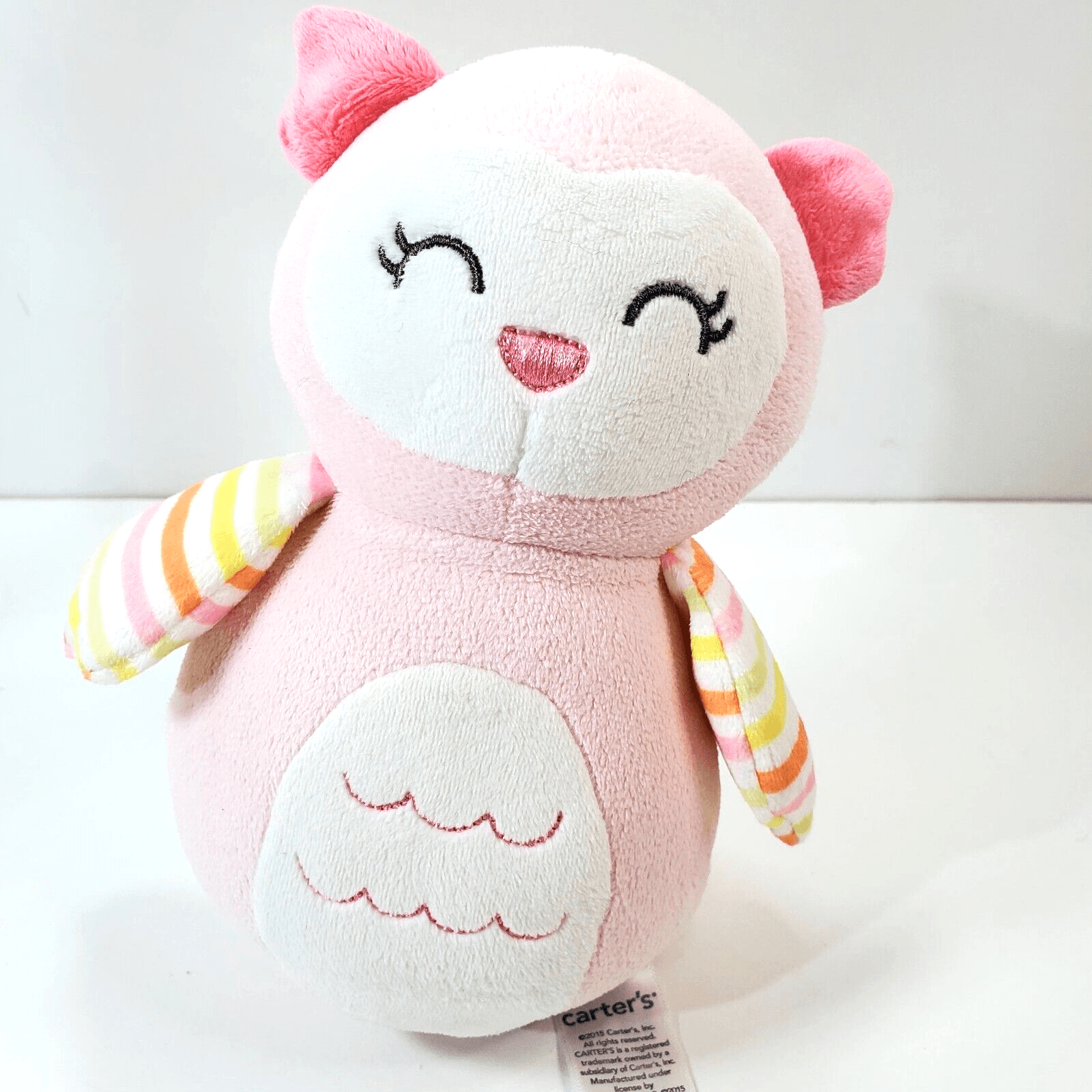 Carter's Owl Wobble Chime 7" Plush Pink Striped Stuffed Baby Soft Toy Lovey 2015