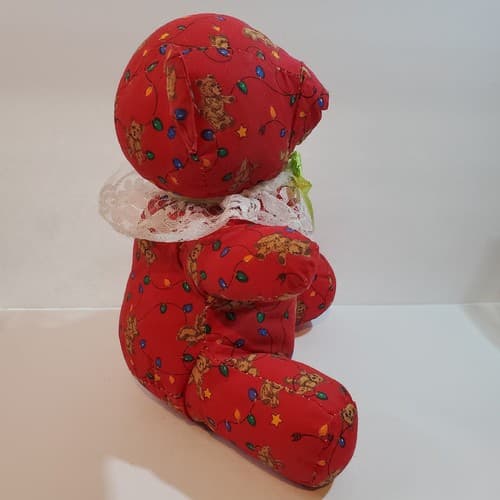 Vtg Christmas Wishes Red Print Teddy Bear Stuffed Animal Plush Farmhouse Decor - Thumbnail 3