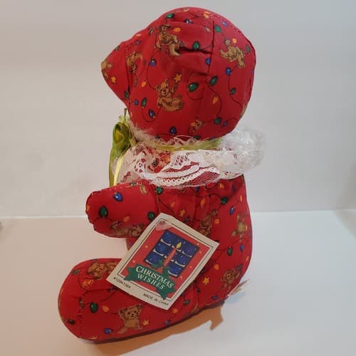 Vtg Christmas Wishes Red Print Teddy Bear Stuffed Animal Plush Farmhouse Decor - Thumbnail 5