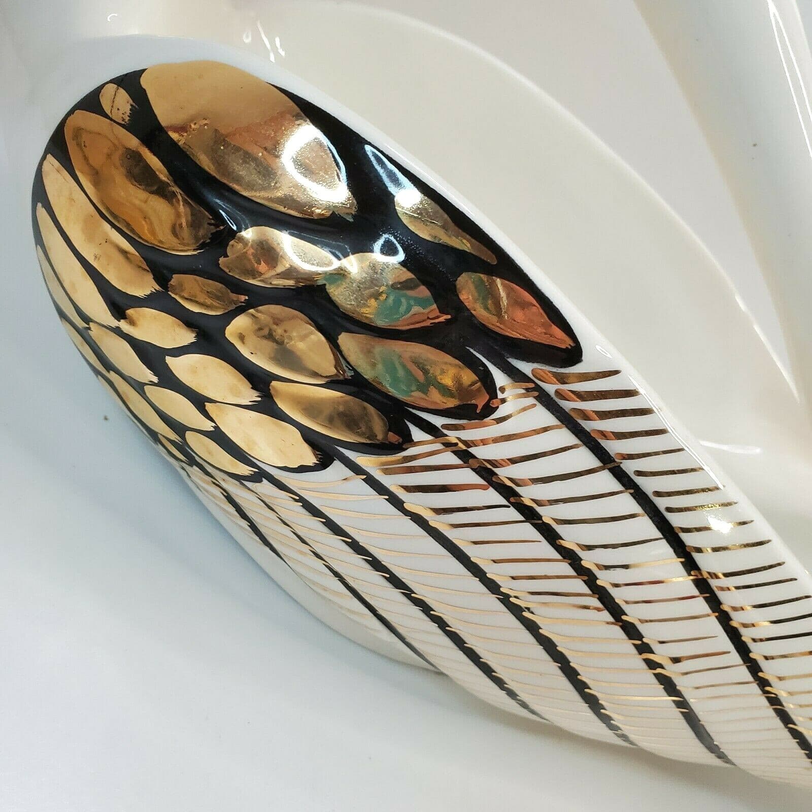 Vtg Lofisa Mexican Pottery White Gold Black Large Swan Centerpiece Bowl Unique - Thumbnail 2