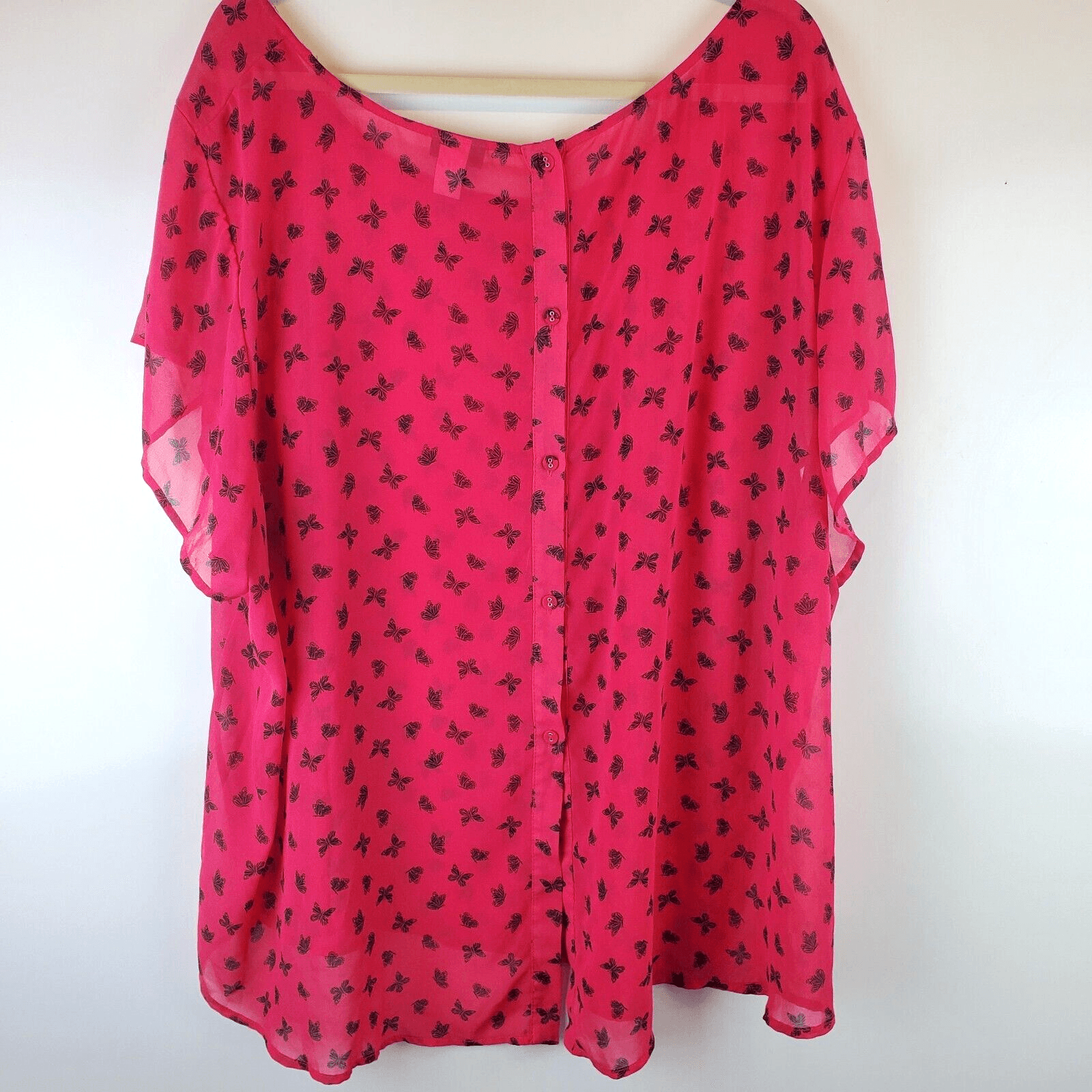 Torrid Women's Butterfly Print Blouse Size 5 Semi-Sheer Short Sleeve Button Back - Thumbnail 2