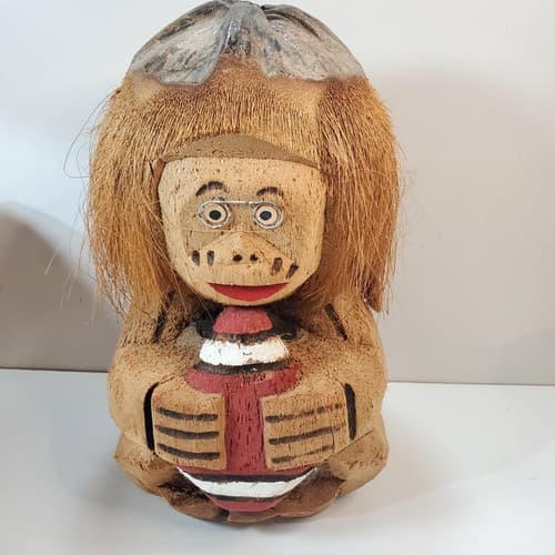 Vintage Hand Carved Coconut Monkey Gorilla Head Glasses Football Tiki Polynesian