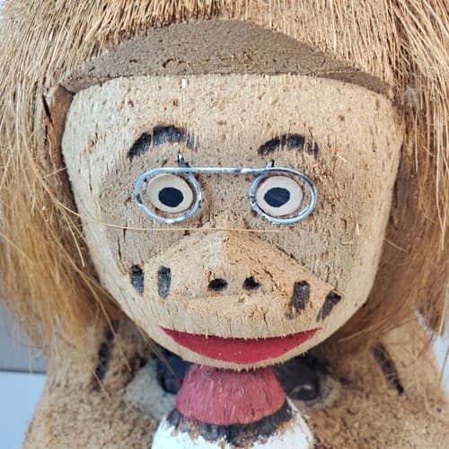Vintage Hand Carved Coconut Monkey Gorilla Head Glasses Football Tiki Polynesian - Thumbnail 3