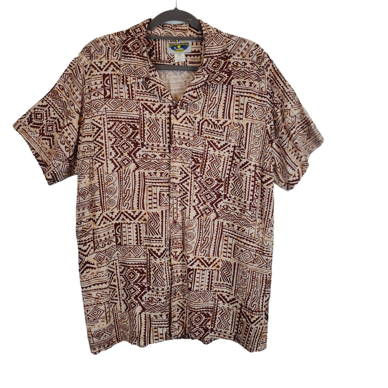 Bermuda Casuals By Haband Mens Size L Reddish Beige Tan Geometric Print Shirt