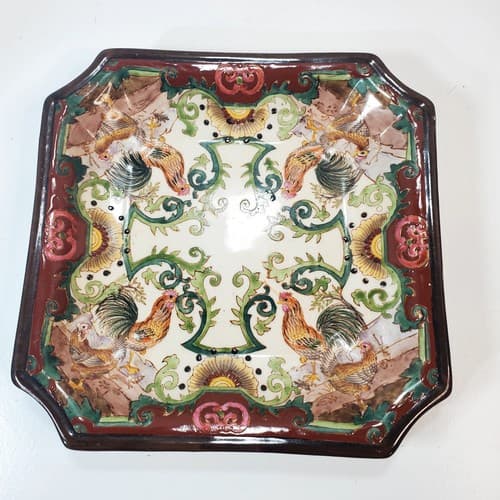 Vintage Rooster Plate Hand Painted Hua Rong Tang Chinese Heavy Square Plate - Thumbnail 2