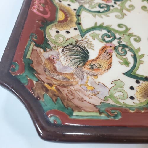 Vintage Rooster Plate Hand Painted Hua Rong Tang Chinese Heavy Square Plate - Thumbnail 3