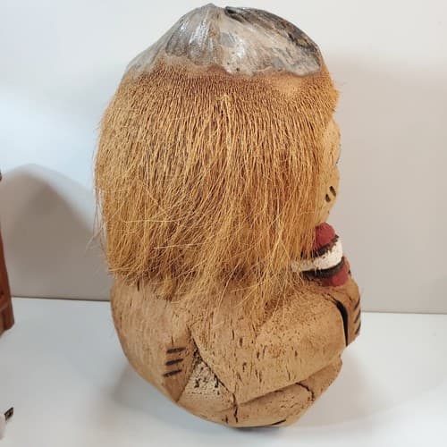 Vintage Hand Carved Coconut Monkey Gorilla Head Glasses Football Tiki Polynesian - Thumbnail 4