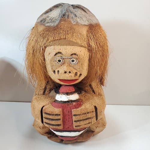 Vintage Hand Carved Coconut Monkey Gorilla Head Glasses Football Tiki Polynesian - Thumbnail 2