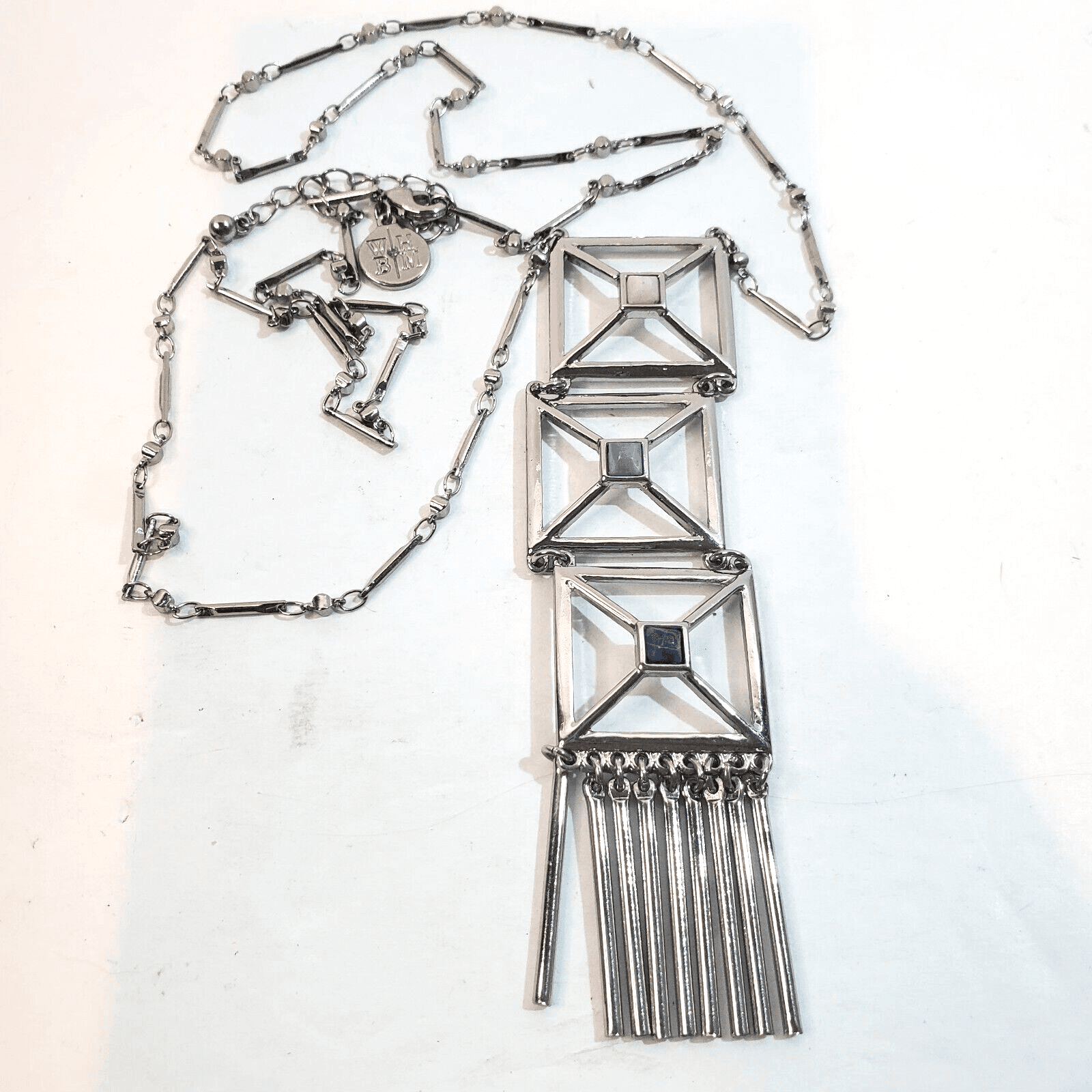 White House Black Market Long Silver Tone 3 Square Geometric Drop Necklace 18" - Thumbnail 2