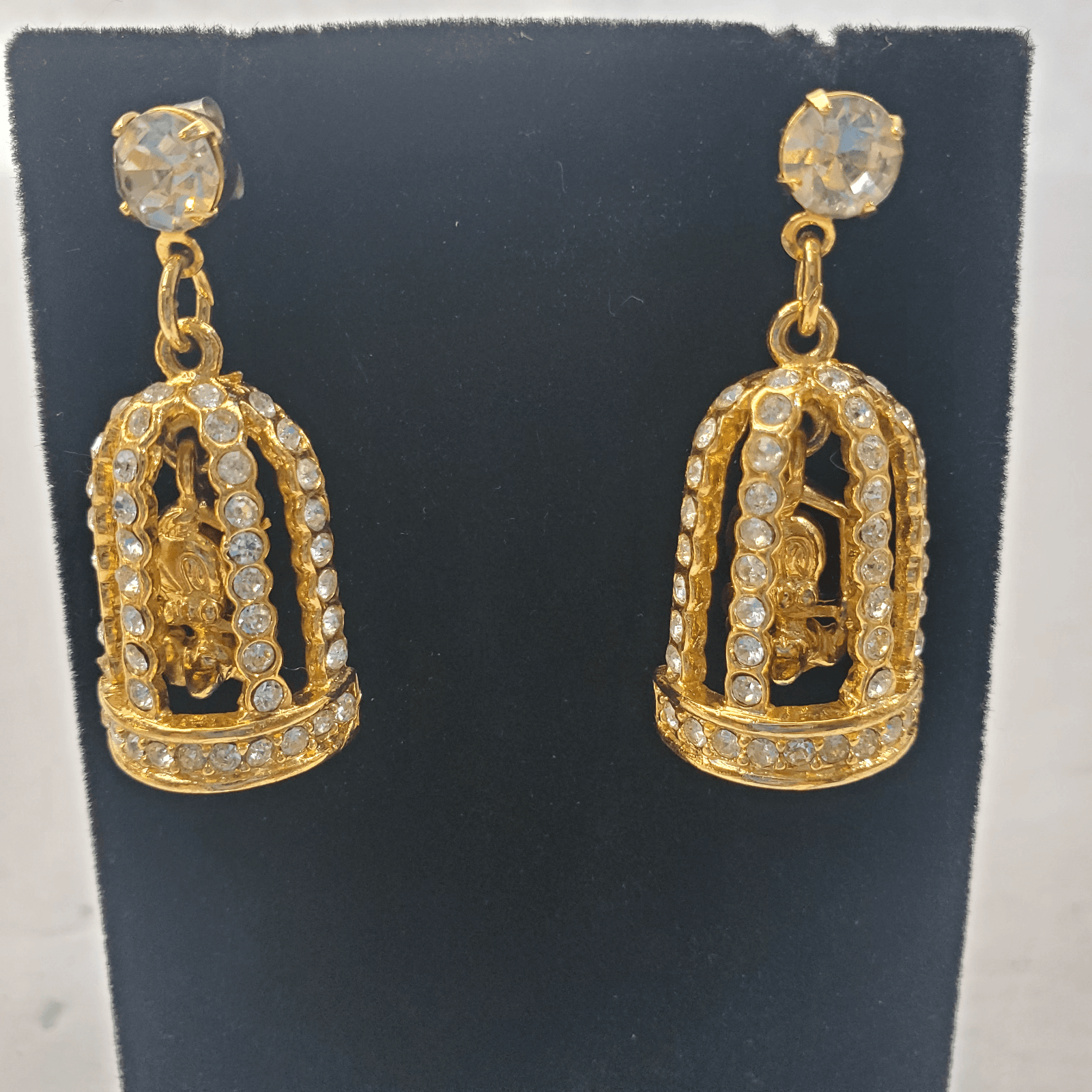 Tweety Bird Cage Gold Tone CLear Rhinestones Dangle Earrings Signed Warner Bros