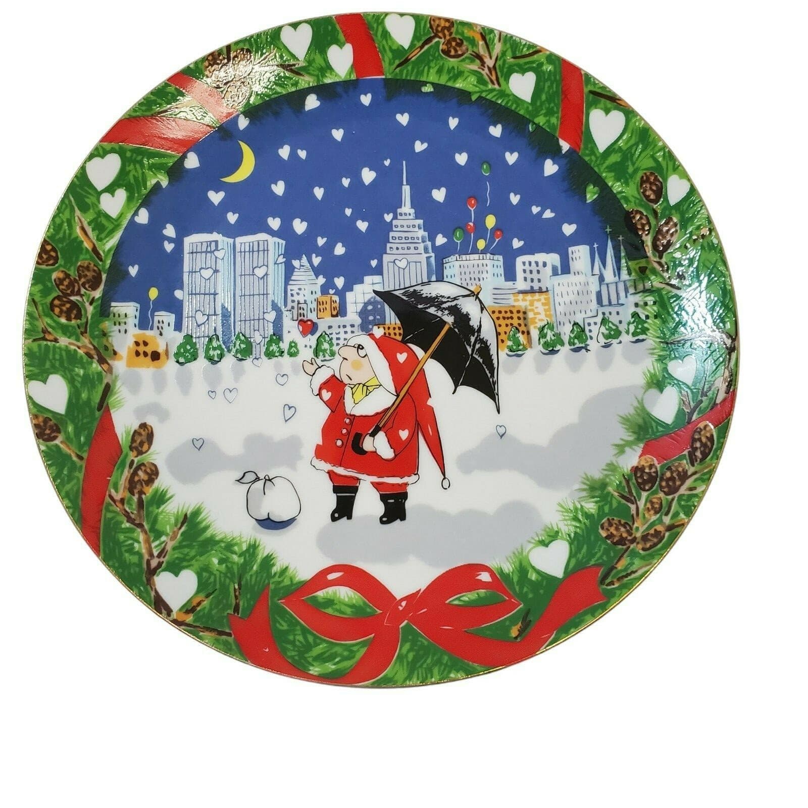 Vintage Japan 8" Porcelain Christmas Display Plate Snow Scene Character Holiday