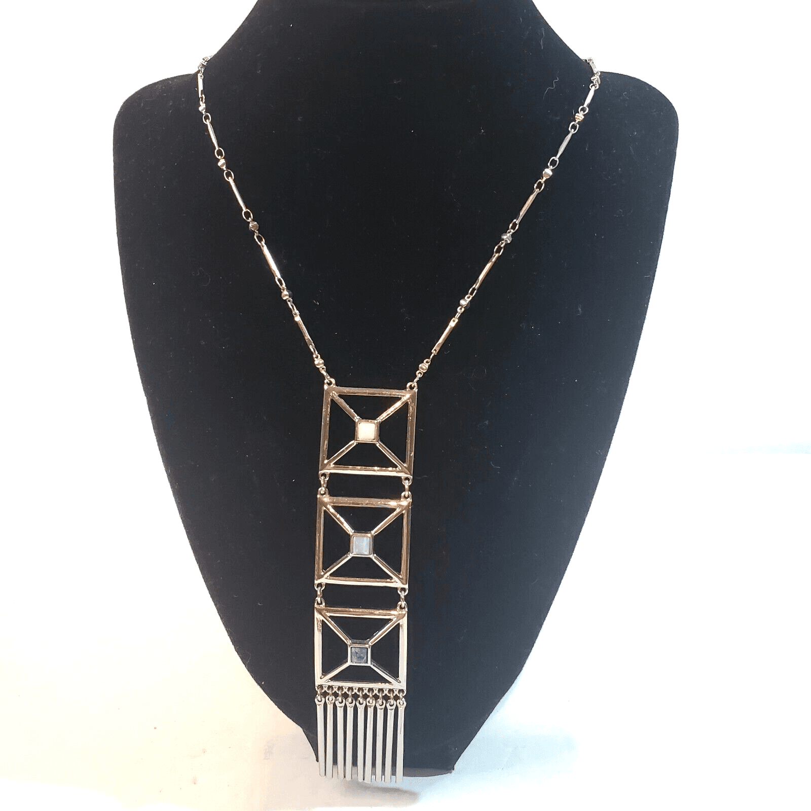 White House Black Market Long Silver Tone 3 Square Geometric Drop Necklace 18"
