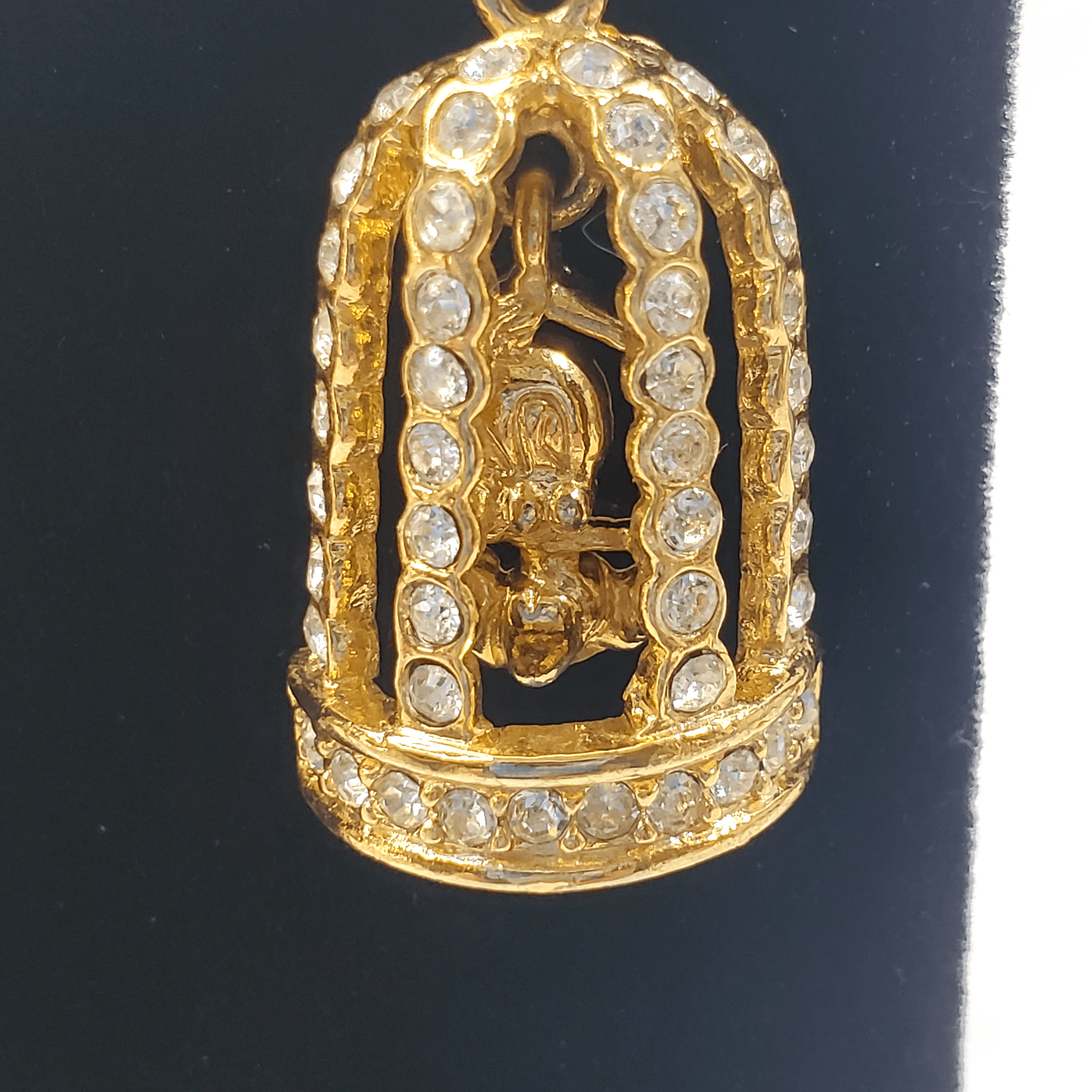 Tweety Bird Cage Gold Tone CLear Rhinestones Dangle Earrings Signed Warner Bros - Thumbnail 2