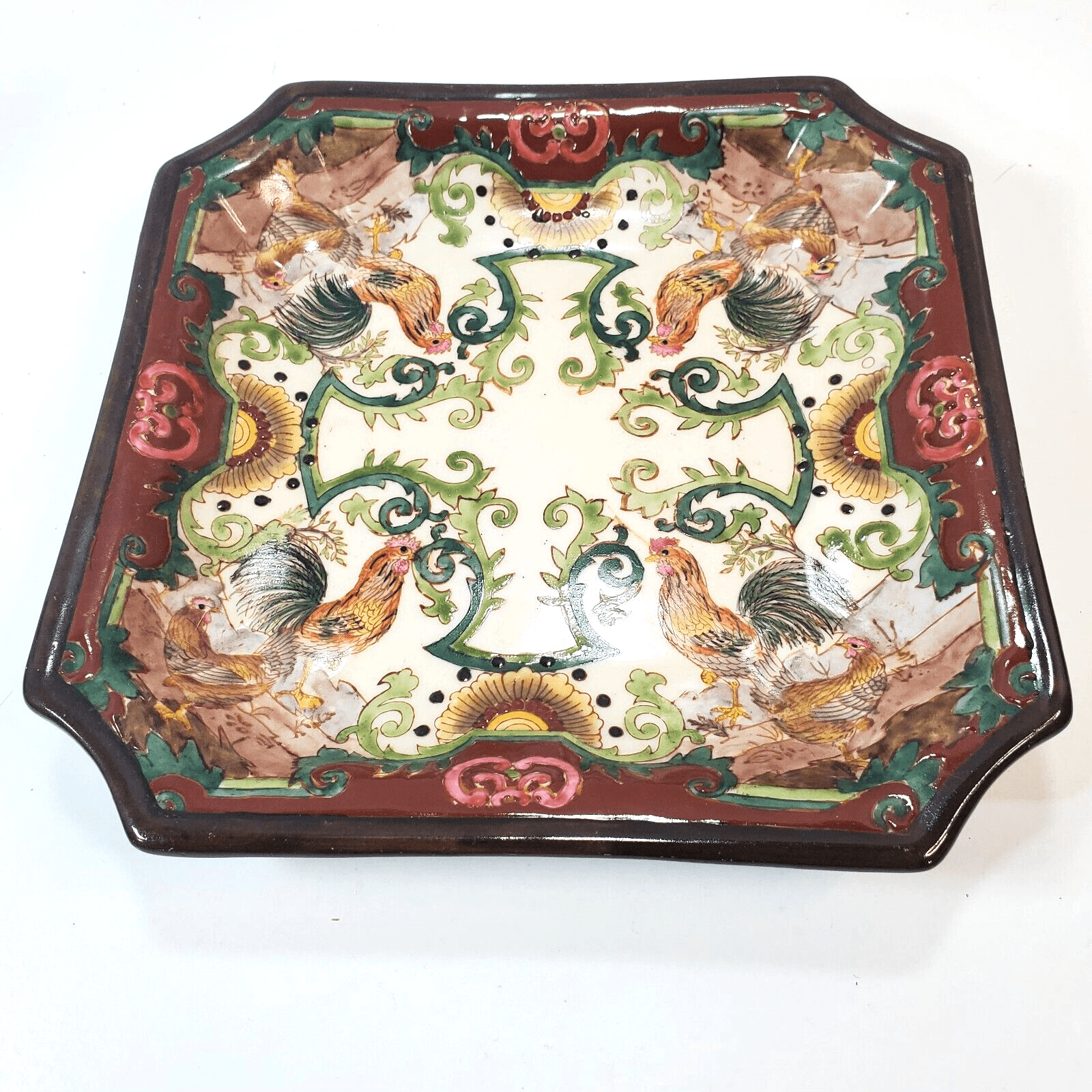 Vintage Rooster Plate Hand Painted Hua Rong Tang Chinese Heavy Square Plate