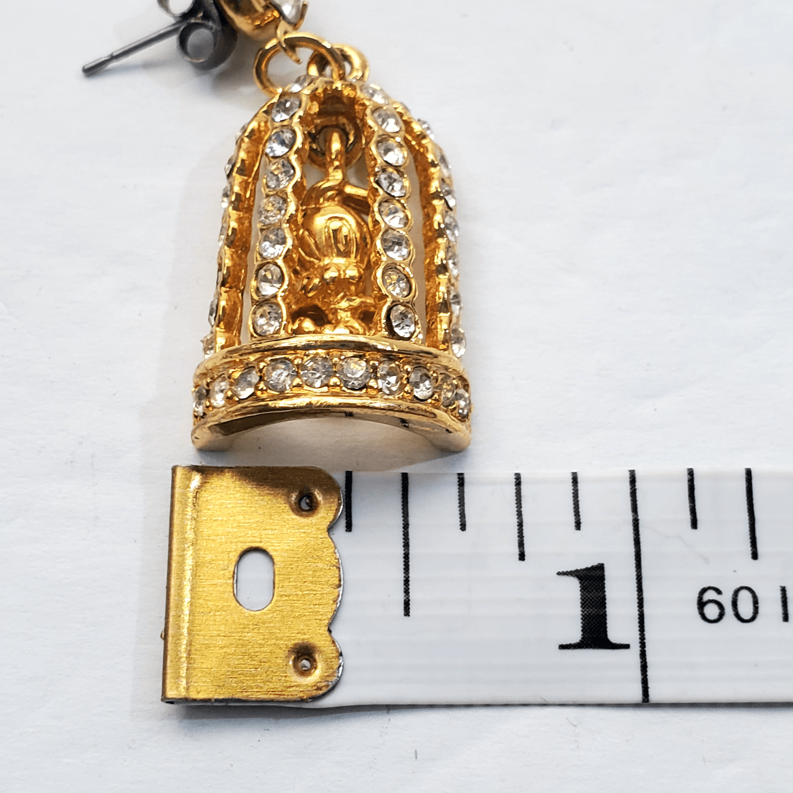 Tweety Bird Cage Gold Tone CLear Rhinestones Dangle Earrings Signed Warner Bros - Thumbnail 7
