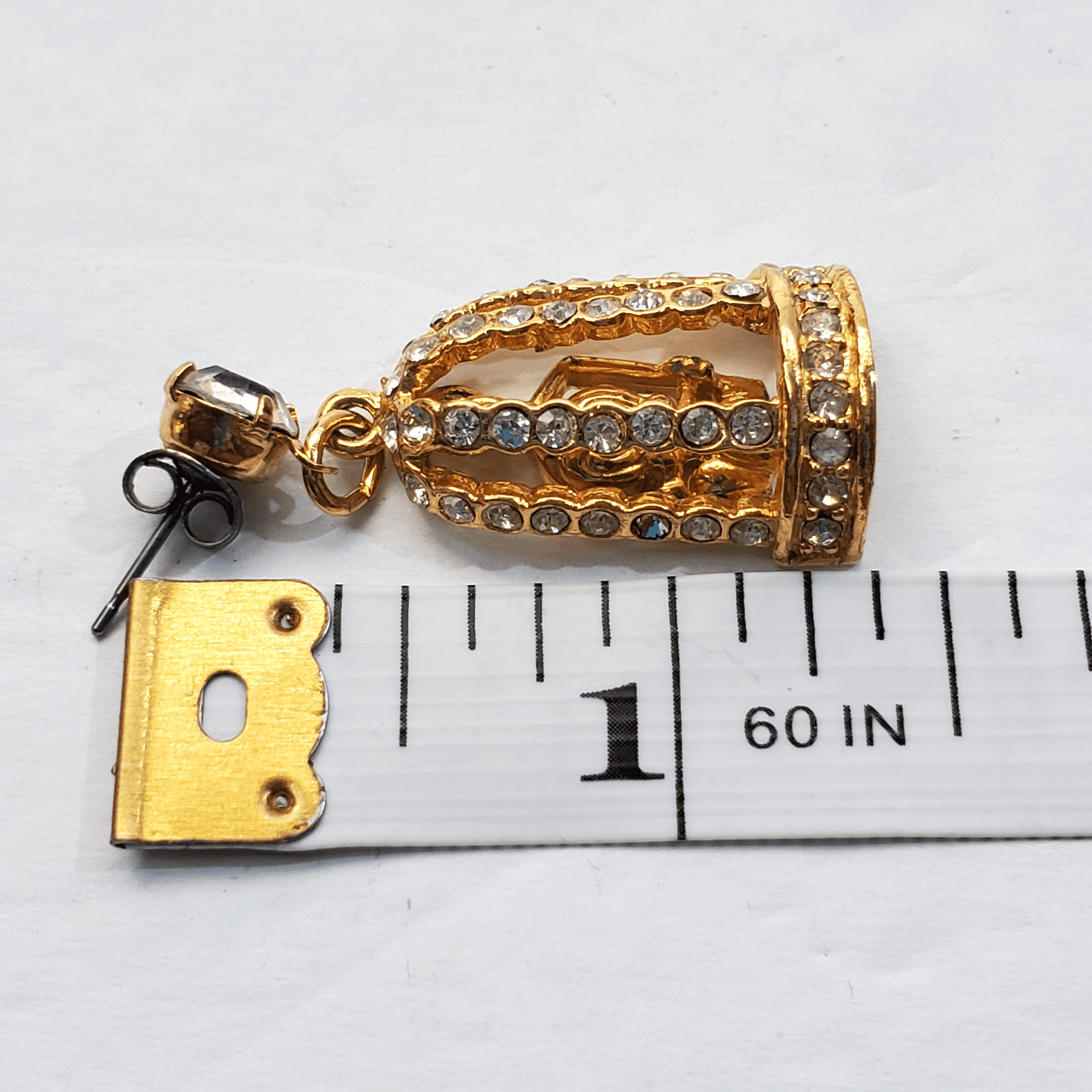 Tweety Bird Cage Gold Tone CLear Rhinestones Dangle Earrings Signed Warner Bros - Thumbnail 6