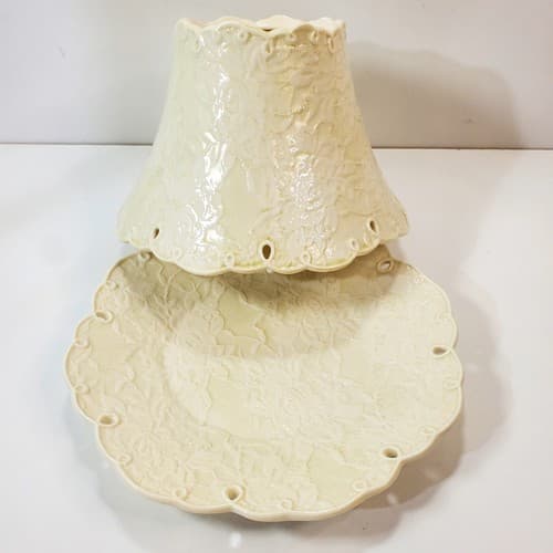 Yankee Candle Large Jar Porcelain Topper Lace Eyelet Beige w/ Faint Green Wash