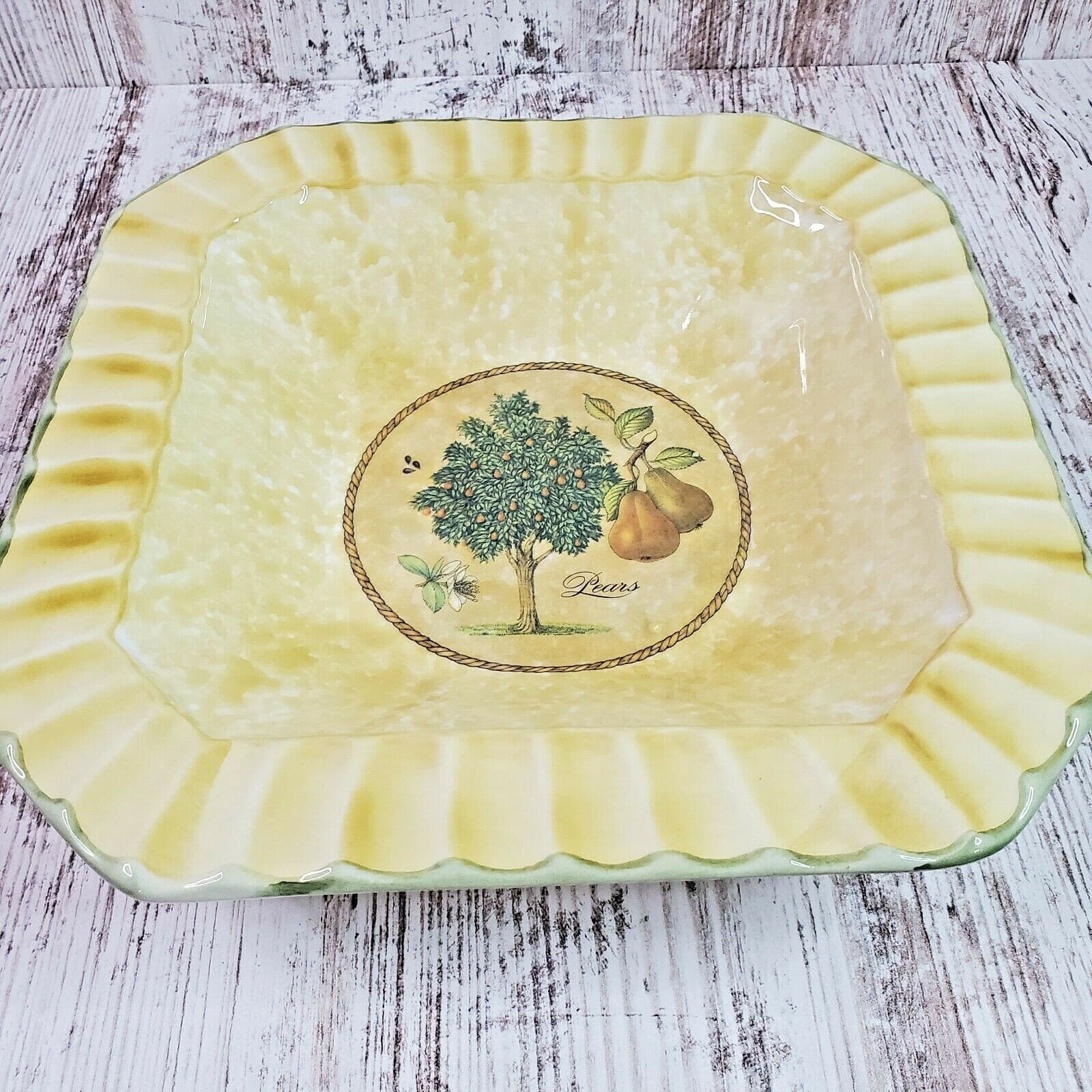 Vtg Due Torri Ceramica Made in Italy Serving Bowl Pear Tree Design Ribbed Edge - Thumbnail 3