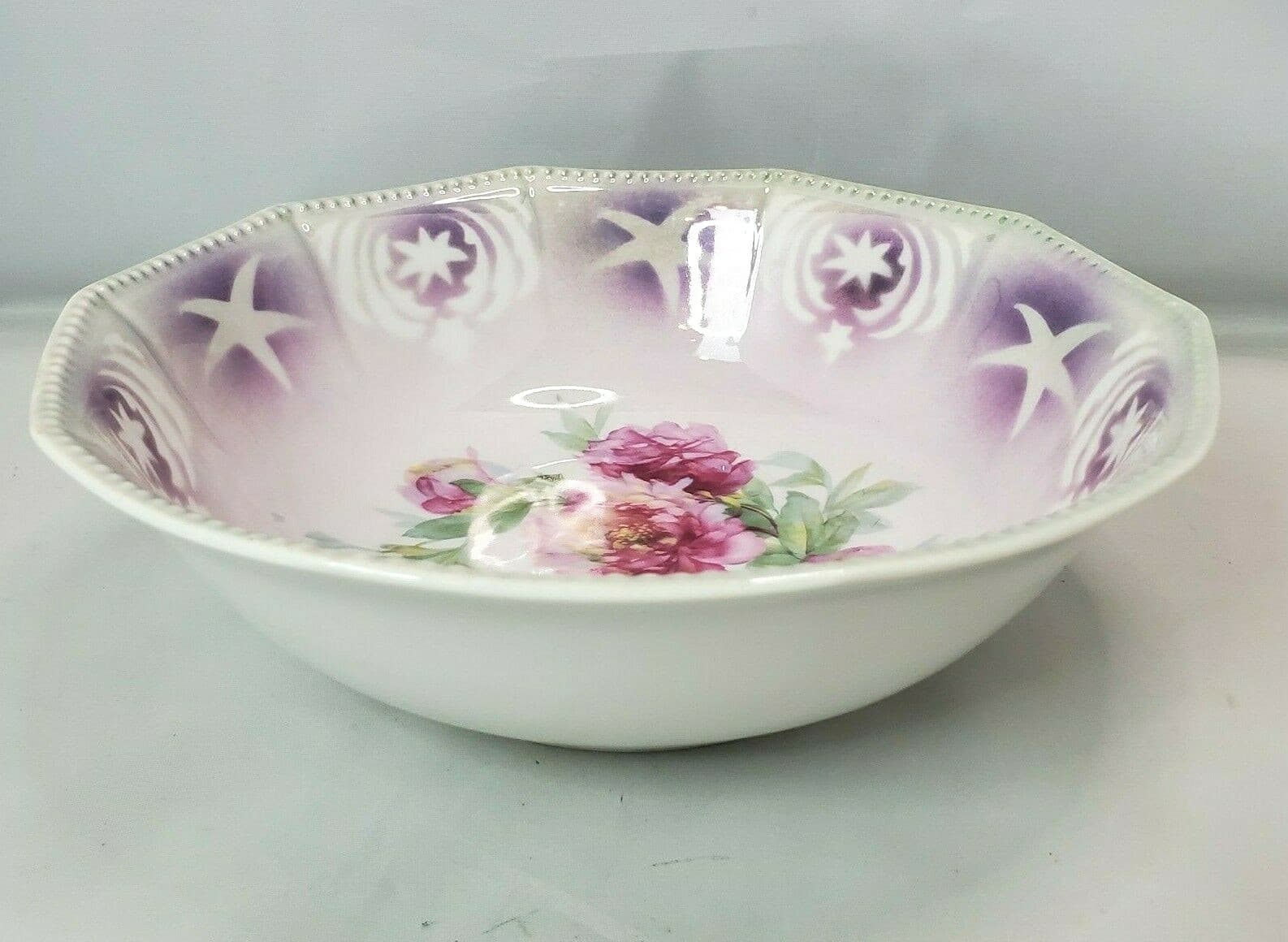 Vintage K&L Germany Porcelain Transfer Vegetable Serving Bowl Roses Star Flowers - Thumbnail 2